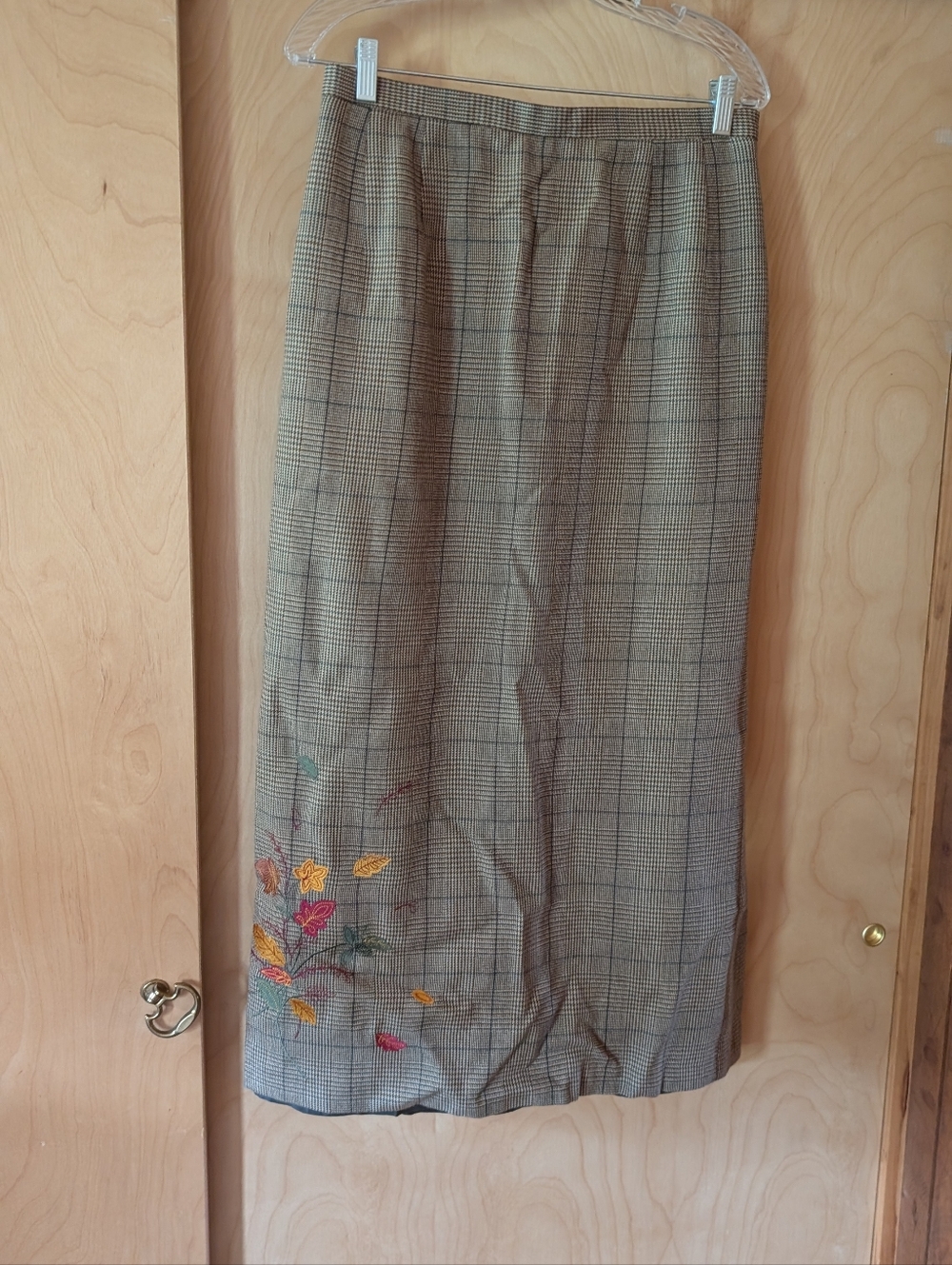 Harve Benard Brown Plaid Wool Maxi Skirt with Floral Embroidery